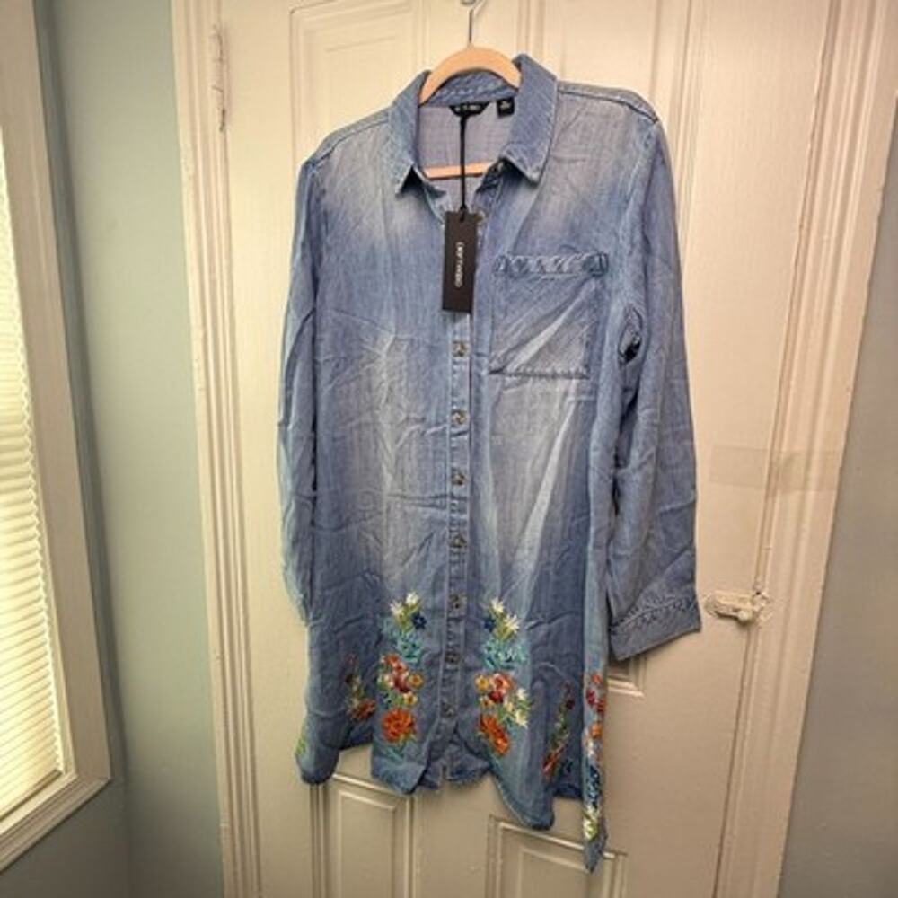 Driftwood Scottie Floral Embroidered Long Sleeve Dress Womens XL Chambray New